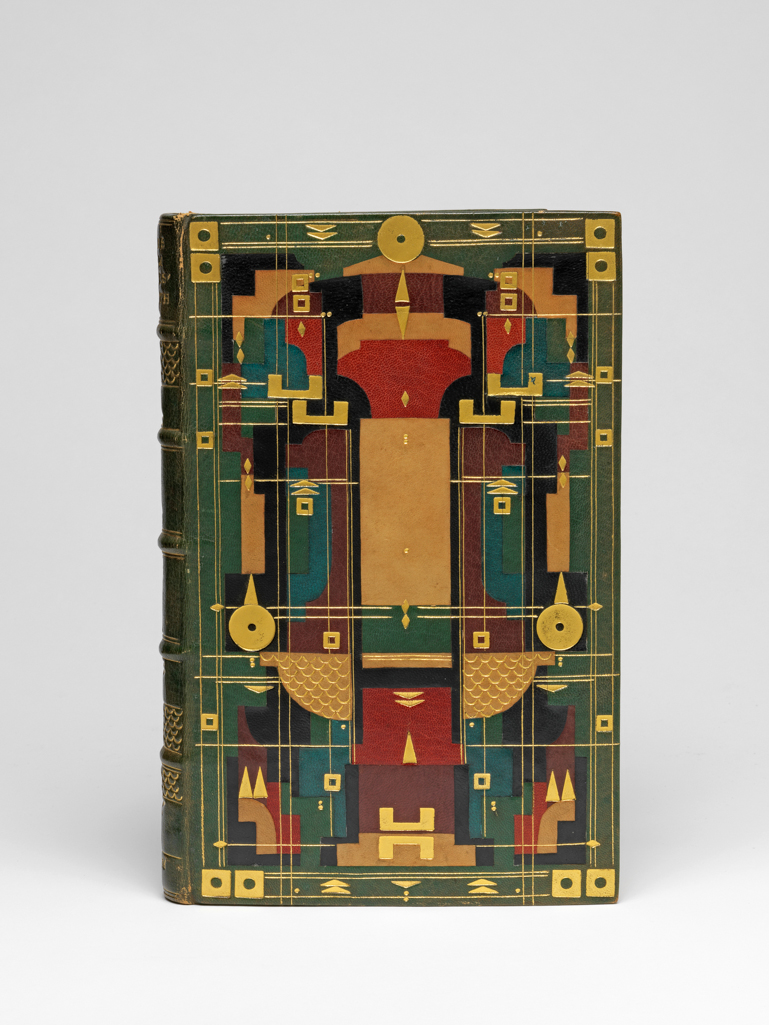 Front cover view of a book with a colourful geometric binding.